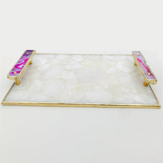 White Crystal Agate Serving Tray - Pink Agate Onyx Handles