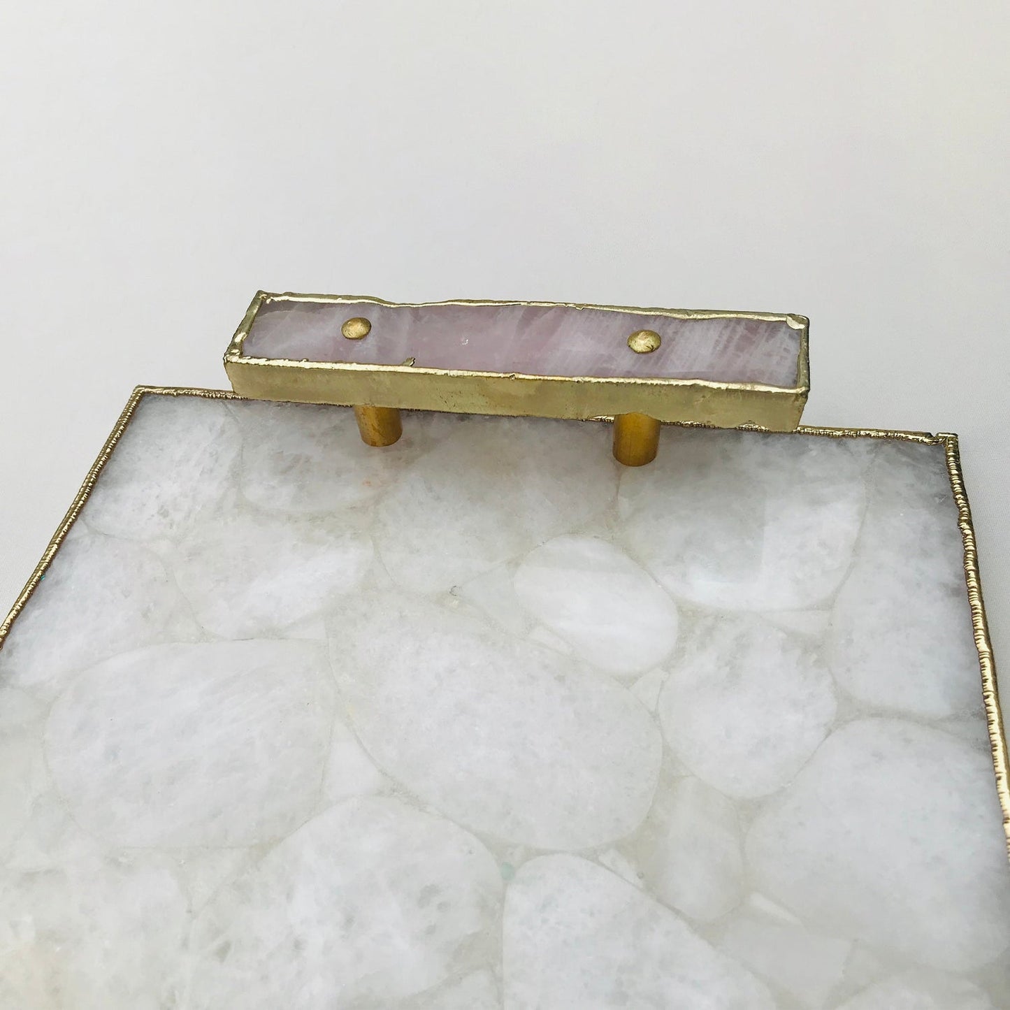 White Crystal Agate Serving Tray - Rose Quartz Handles