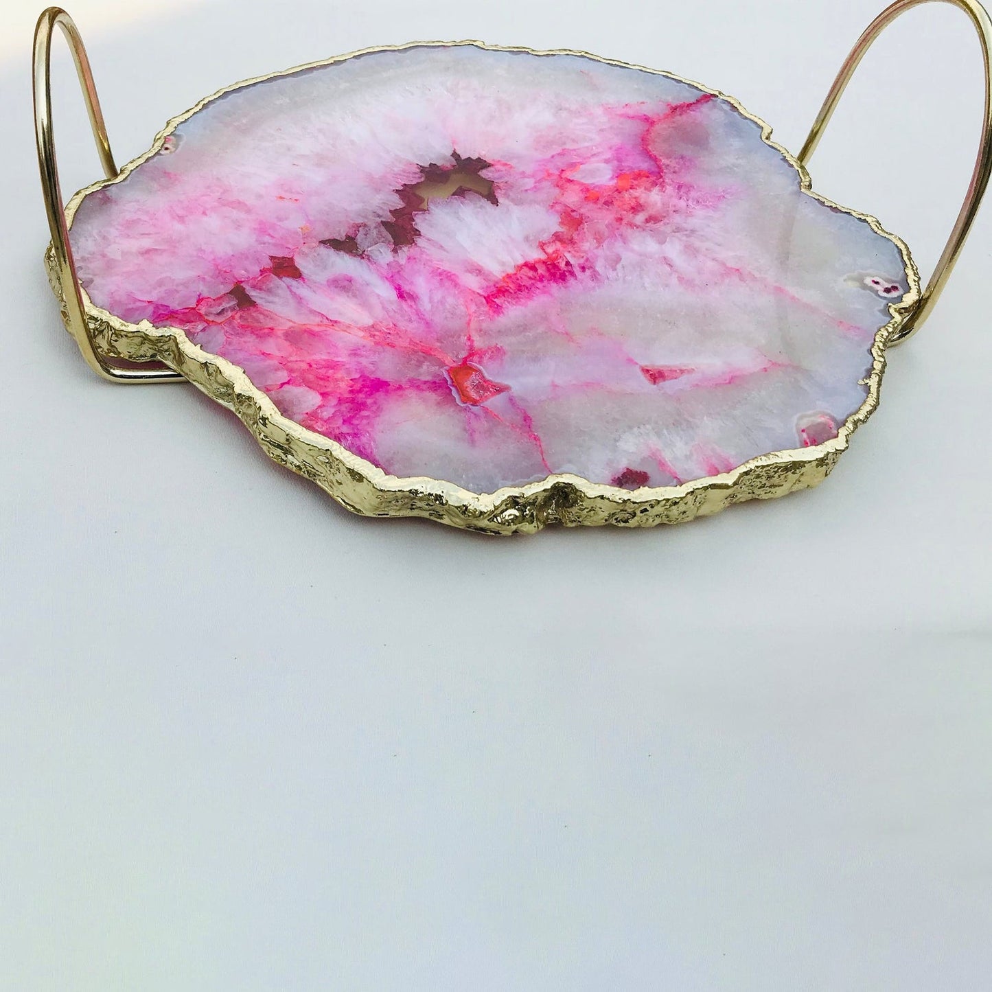 Pink Agate Serving Tray - Brass Loop Handle Design