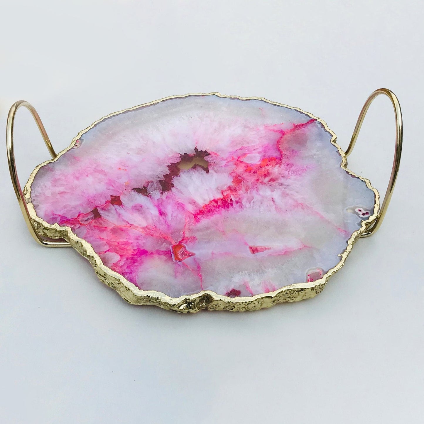 Pink Agate Serving Tray - Brass Loop Handle Design