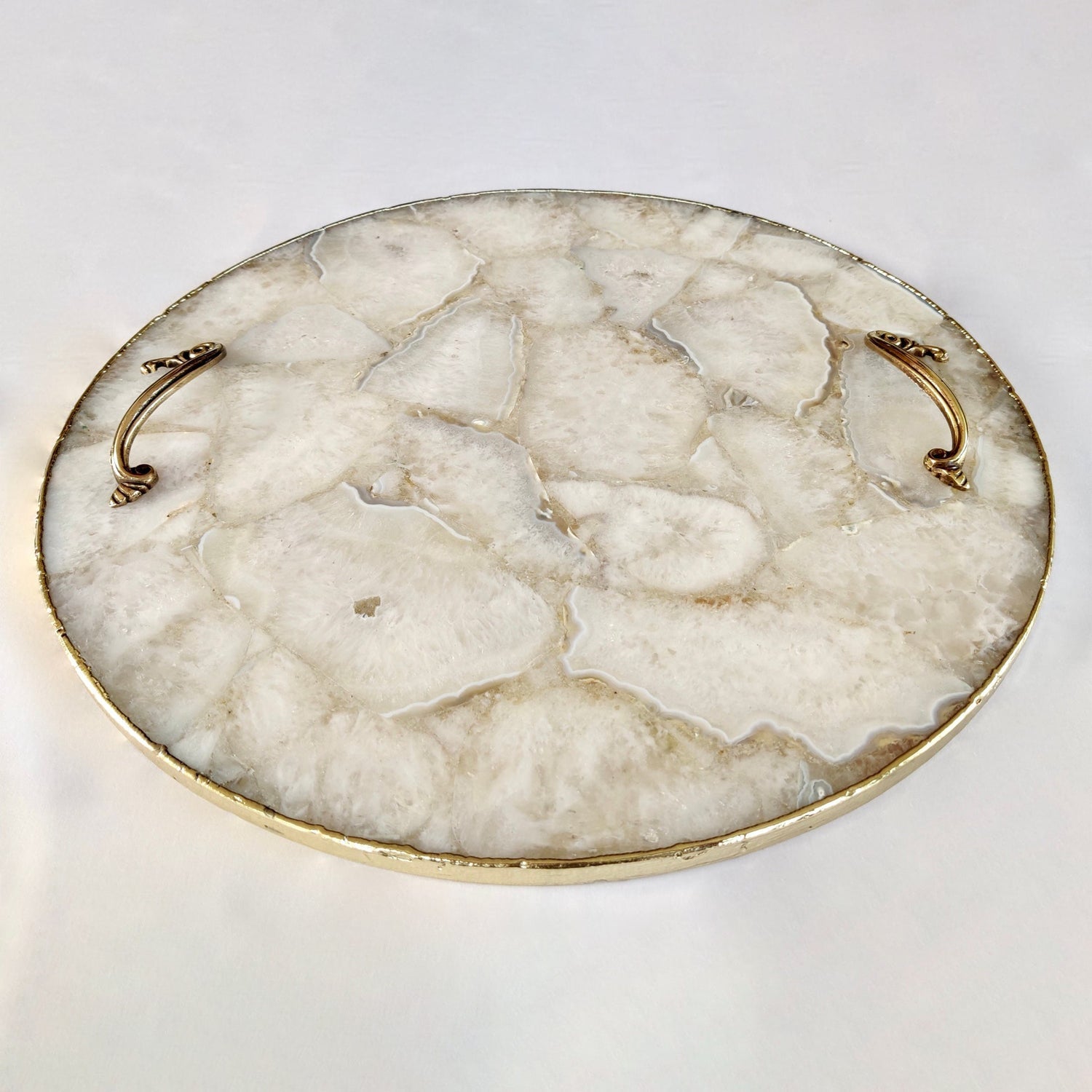 White Agate Serving Tray - Circular Design with Brass Handles