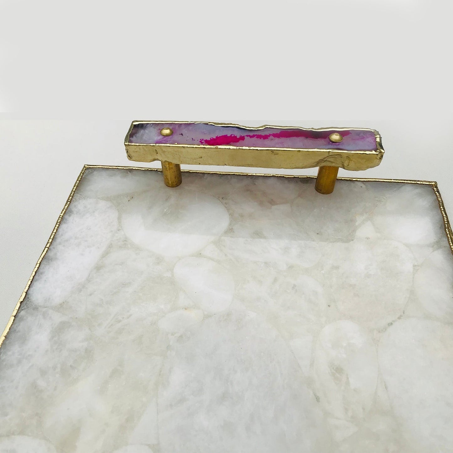 White Crystal Agate Serving Tray - Pink Agate Onyx Handles