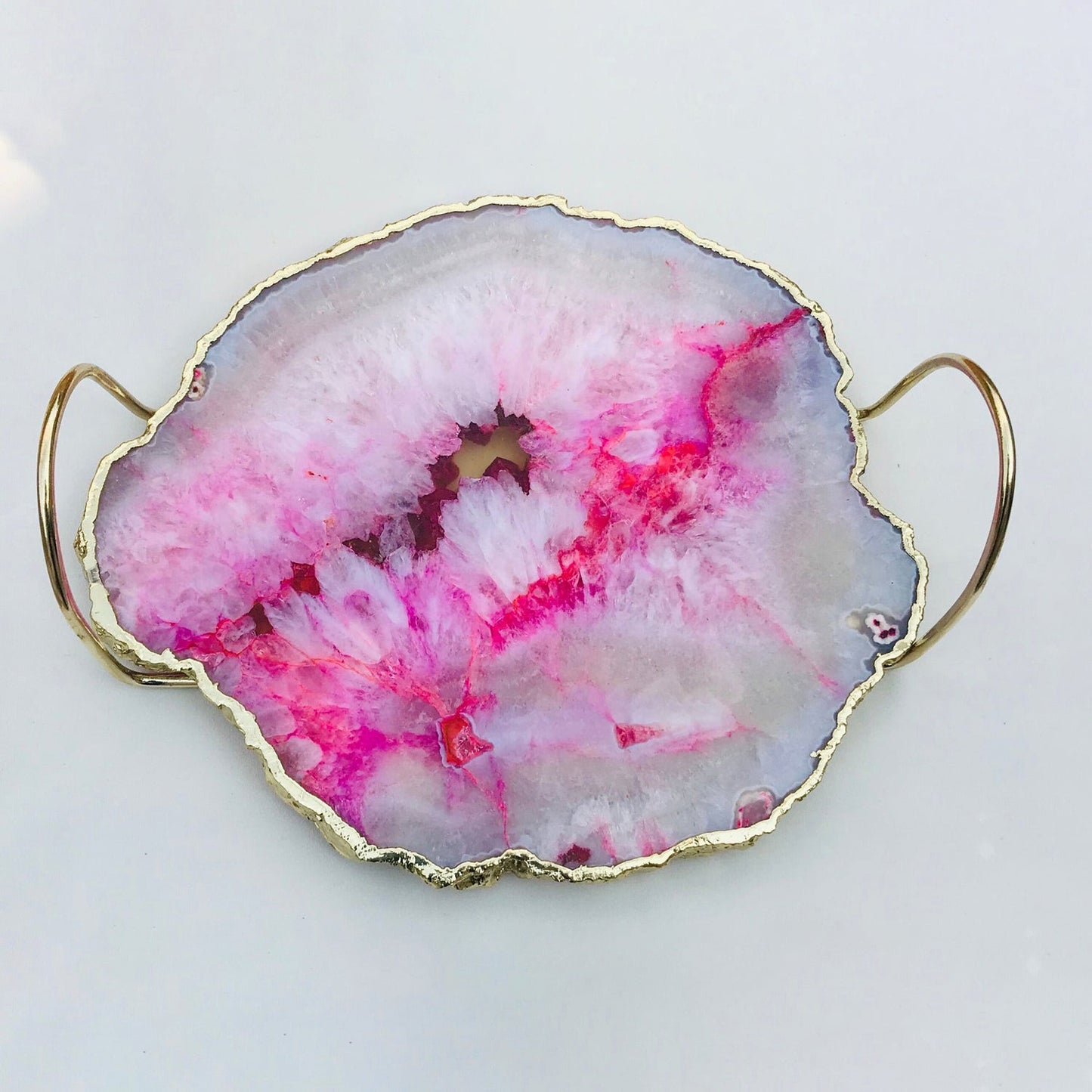 Pink Agate Serving Tray - Brass Loop Handle Design