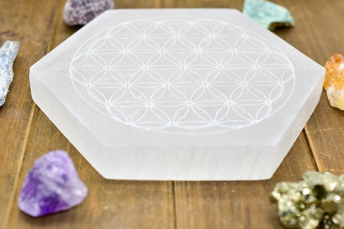 Flower of Life Selenite Plate - Laser Engraved Crystal