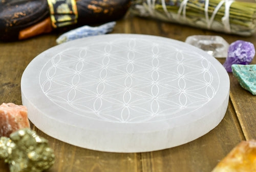 Flower of Life Selenite Plate - Laser Engraved Crystal