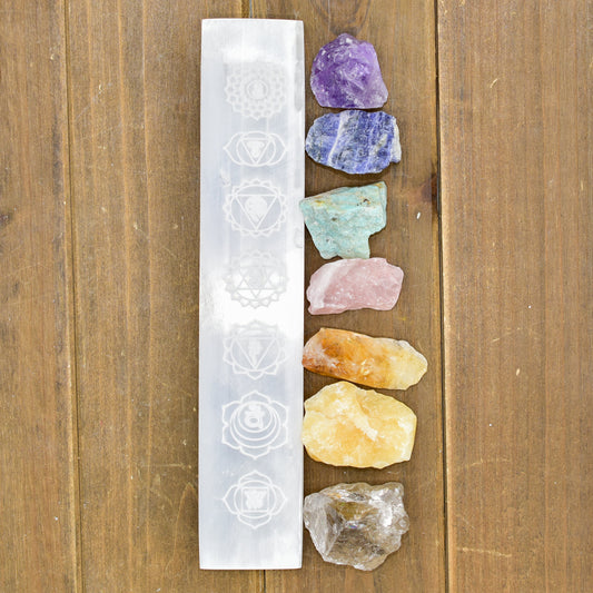 7 Chakra Selenite Charging Bar - Engraved & Polished