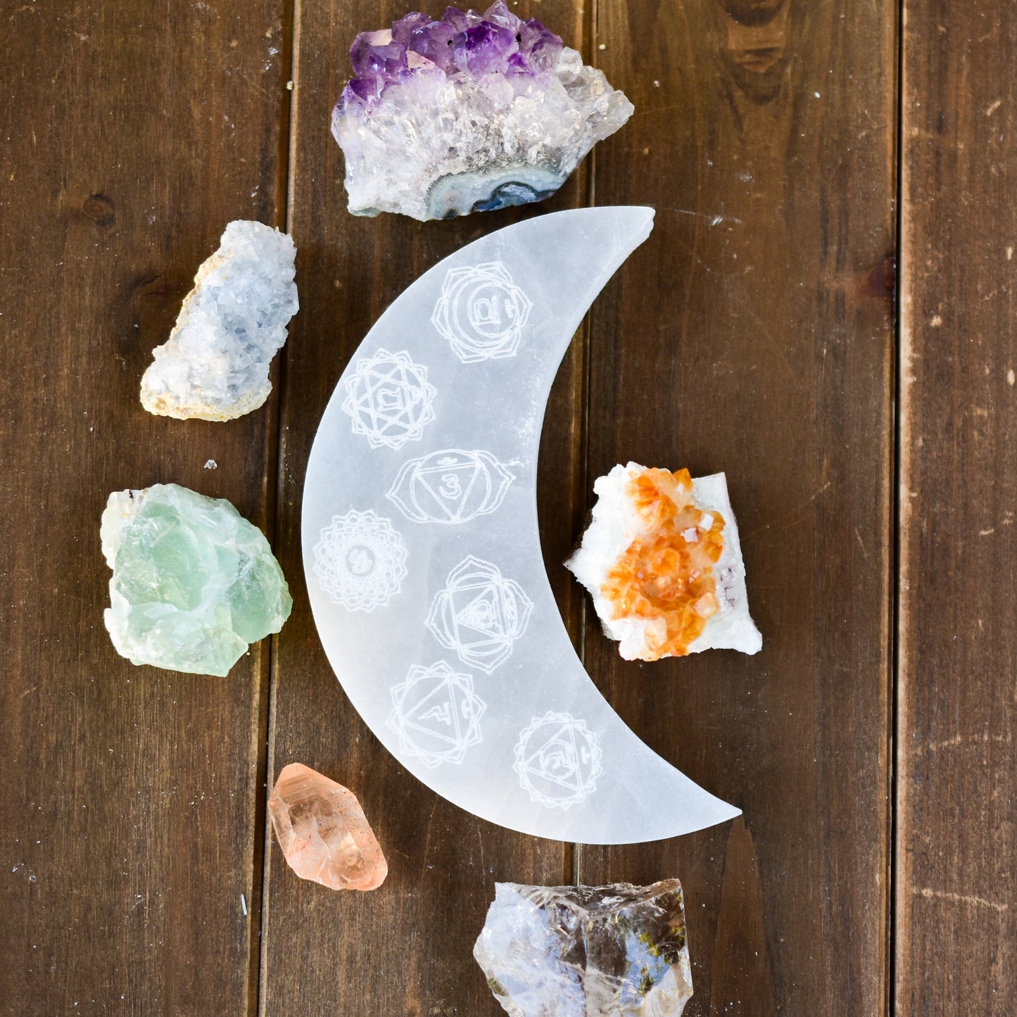 7 Chakras Engraved Selenite Plate - Crescent Moon Design