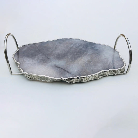 Grey Agate Quartz Serving Tray - Silver Loop Handles