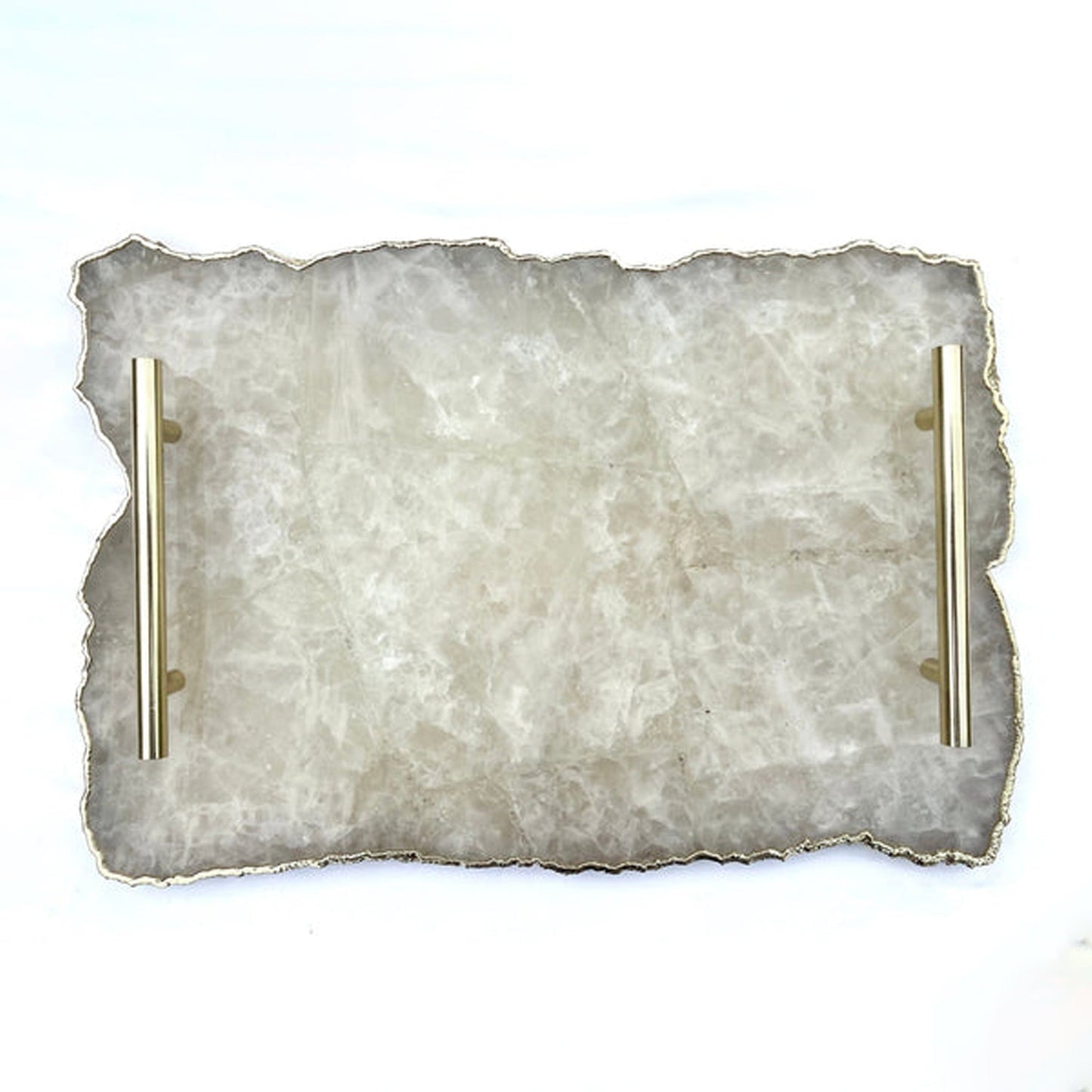 Large White Agate Serving Tray - Brass Handles, Elegant Decor