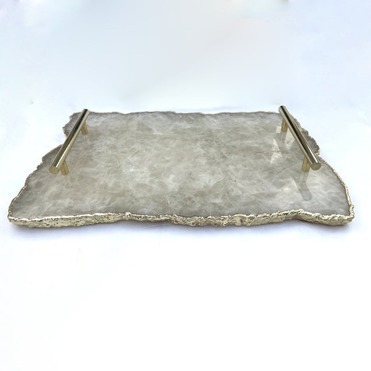 Large White Agate Serving Tray - Brass Handles, Elegant Decor