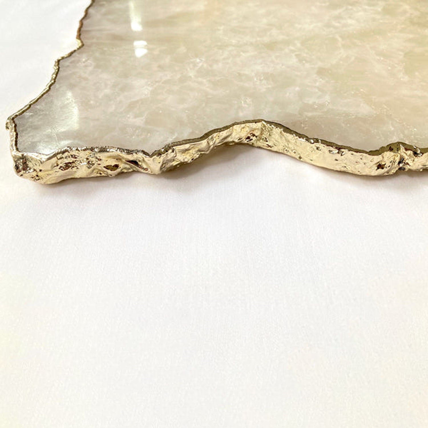 Large White Agate Serving Tray - Brass Handles, Elegant Decor