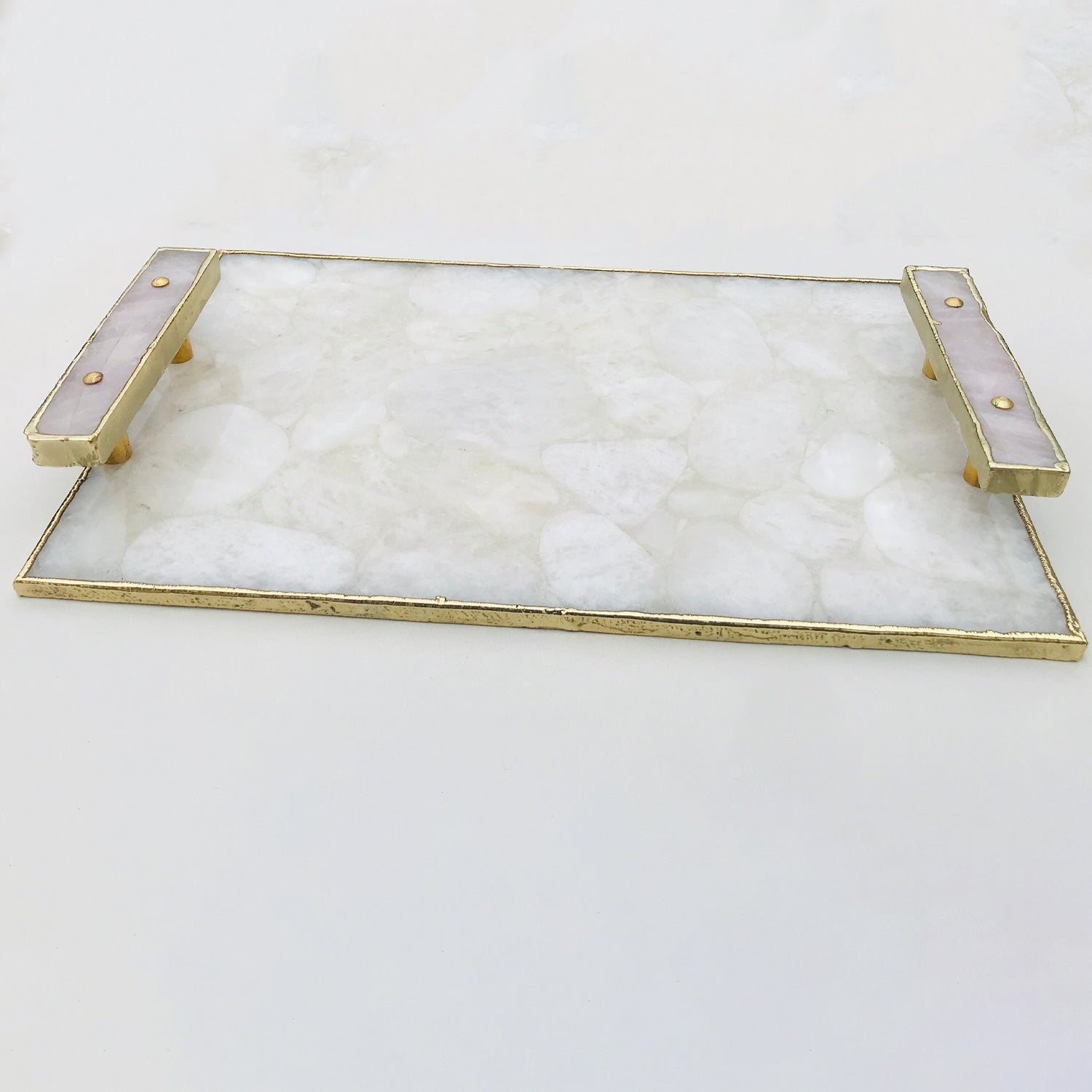 White Crystal Agate Serving Tray - Rose Quartz Handles