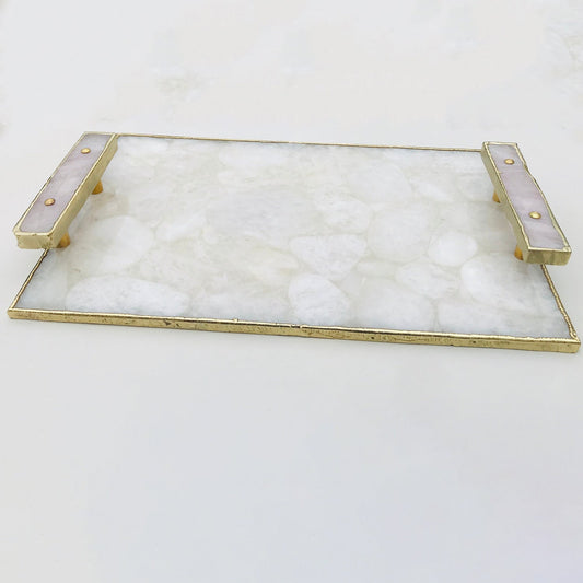 White Crystal Agate Serving Tray - Rose Quartz Handles