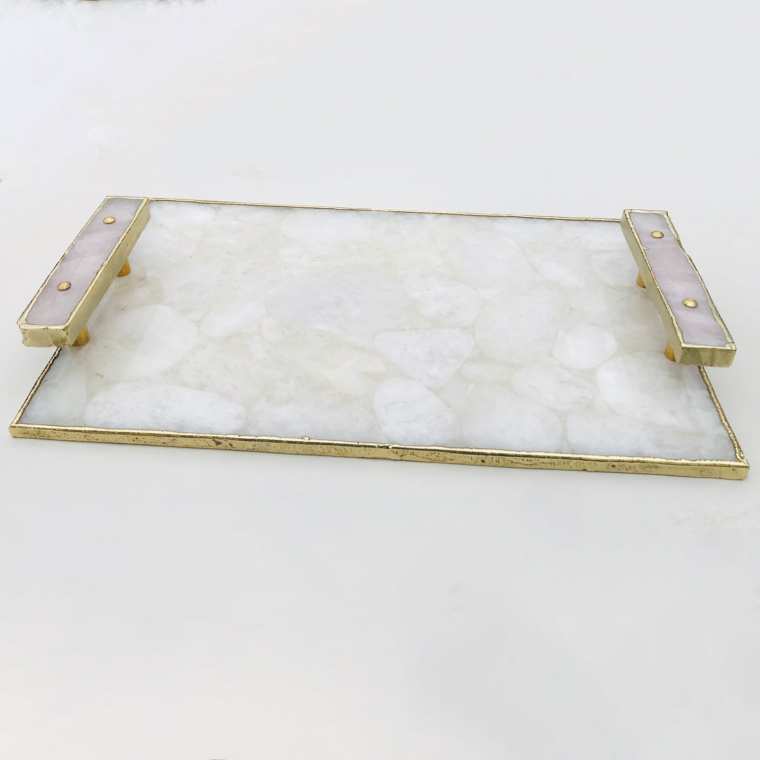 White Crystal Agate Serving Tray - Rose Quartz Handles