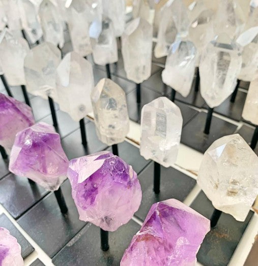 Amethyst & Clear Quartz Point on Stand - Natural Crystal Decor