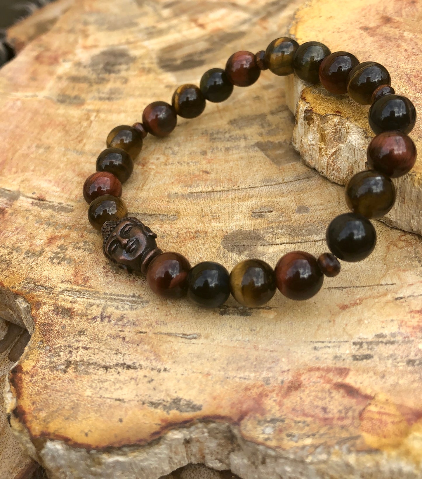 Multi Tiger Eye & Buddha Gemstone Stretch Bracelet