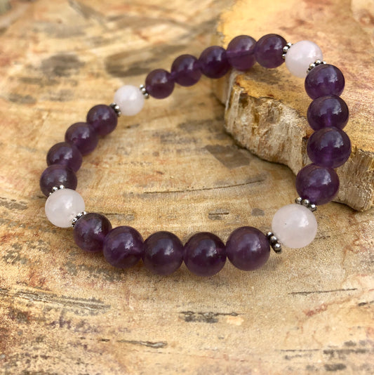 Amethyst & Rose Quartz Bracelet - Stretch Crystal Jewelry