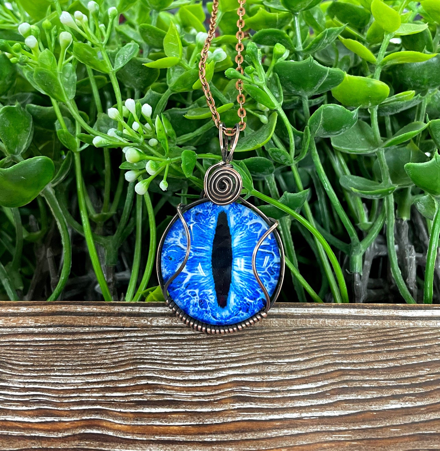 Wire Wrapped Blue Dragon Eye Pendant - Glass Cabochon