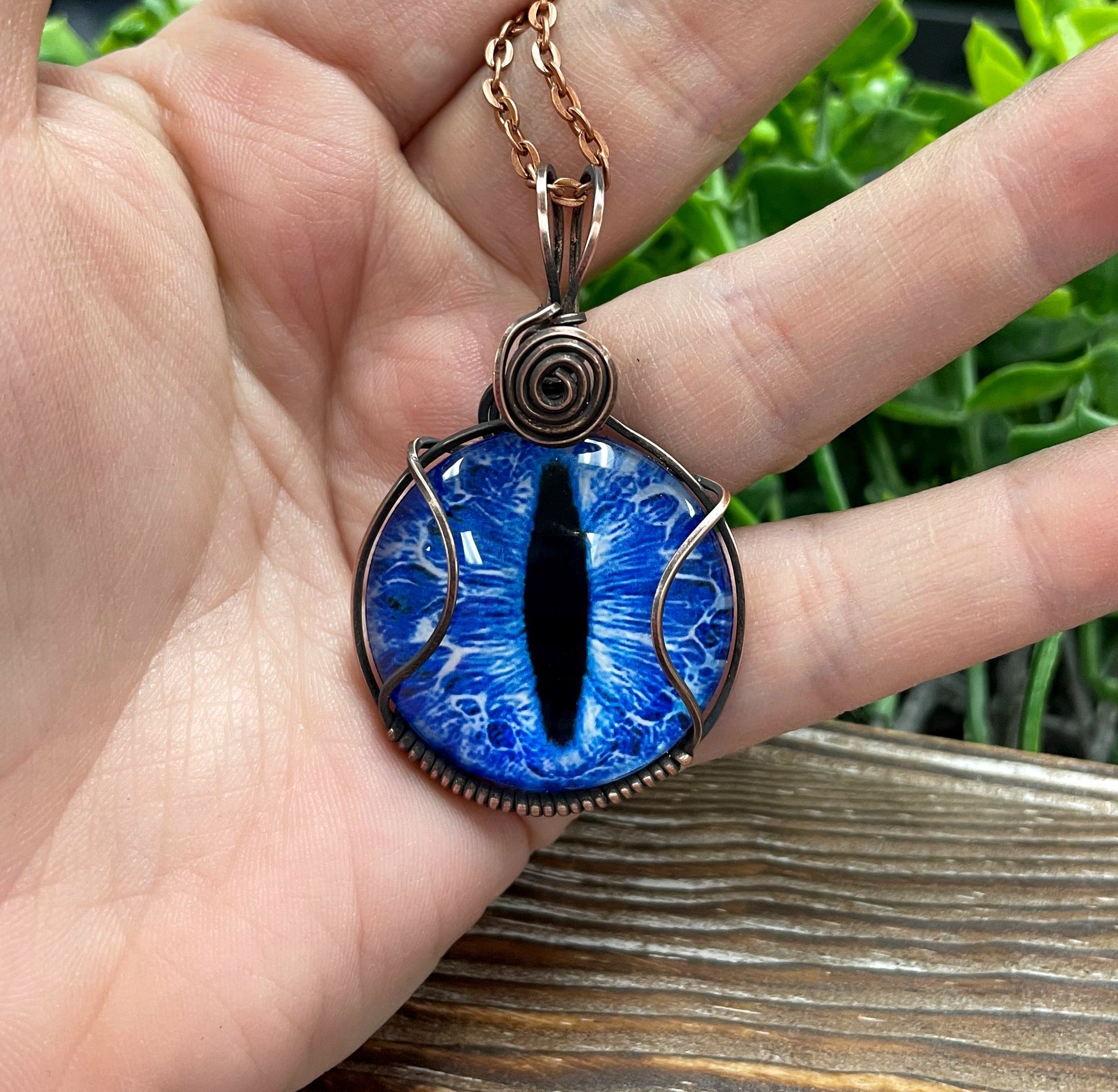 Wire Wrapped Blue Dragon Eye Pendant - Glass Cabochon