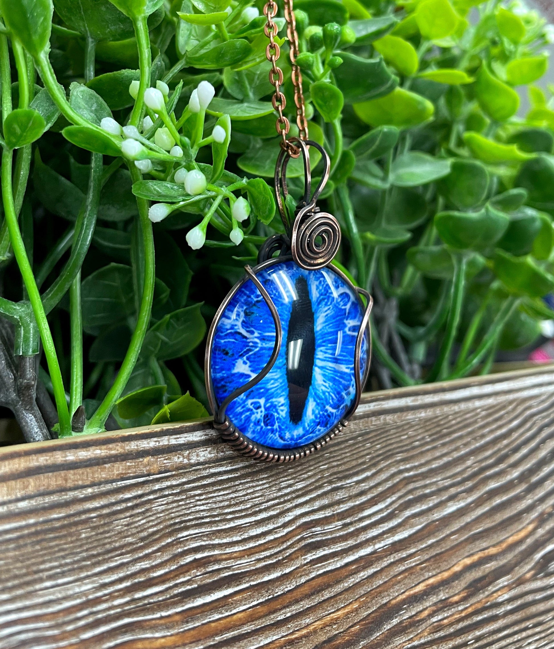 Wire Wrapped Blue Dragon Eye Pendant - Glass Cabochon