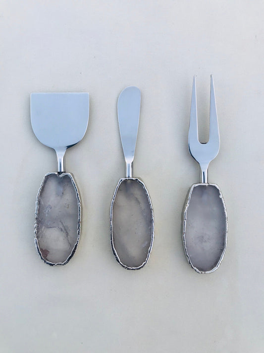 Set of 3 - Agate Clear Quartz Cheese Knives & Spreaders