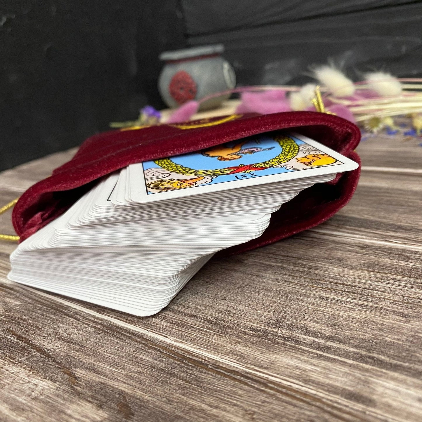 Red & Gold Velvet Tarot Bag - Soft Drawstring Pouch