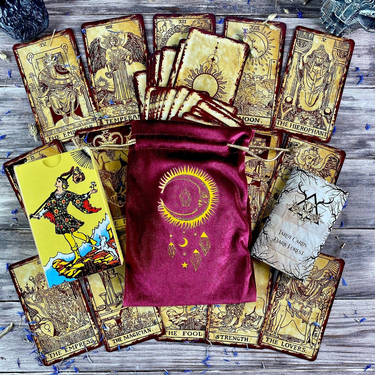 Red & Gold Velvet Tarot Bag - Soft Drawstring Pouch