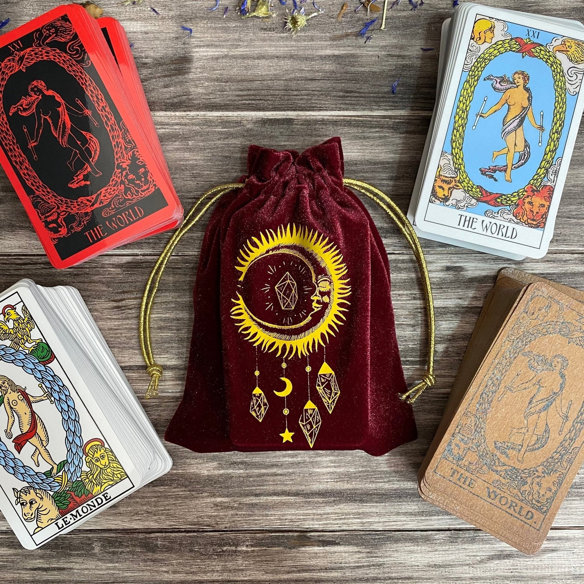 Red & Gold Velvet Tarot Bag - Soft Drawstring Pouch