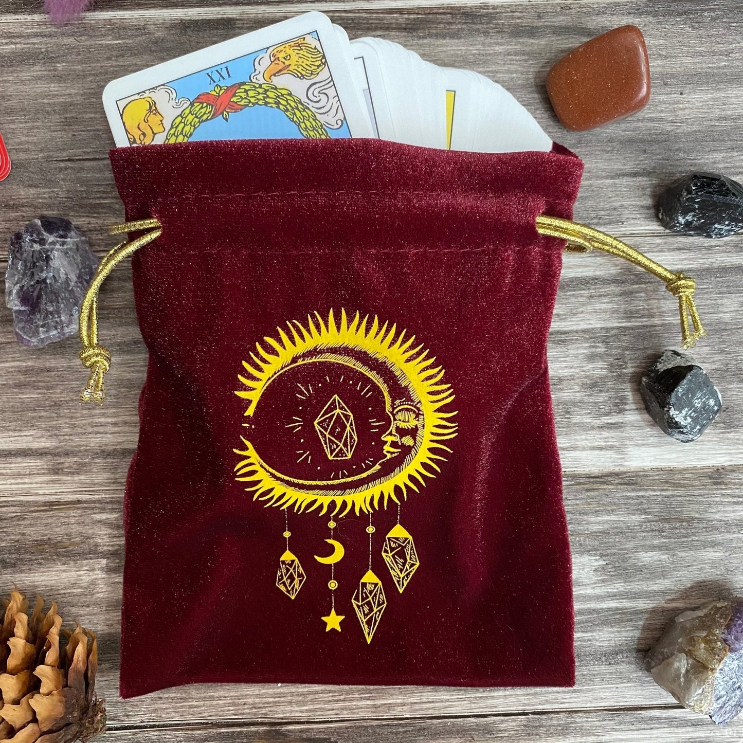 Red & Gold Velvet Tarot Bag - Soft Drawstring Pouch