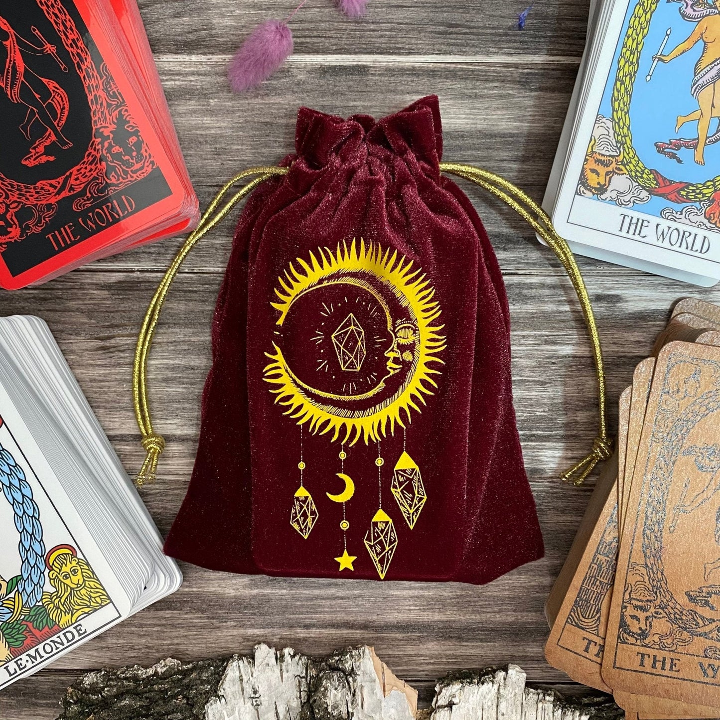 Red & Gold Velvet Tarot Bag - Soft Drawstring Pouch